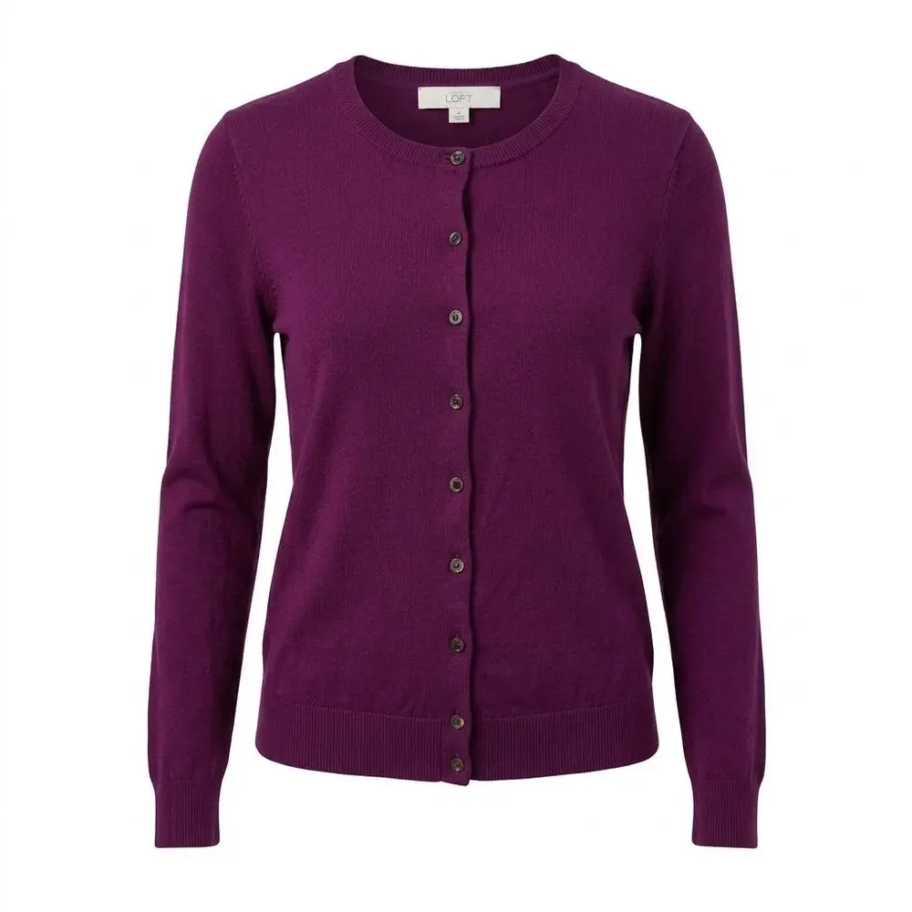 Loft Taylor Purple Crew Neck Knit Stretch Cardigan Sweater Women Size M